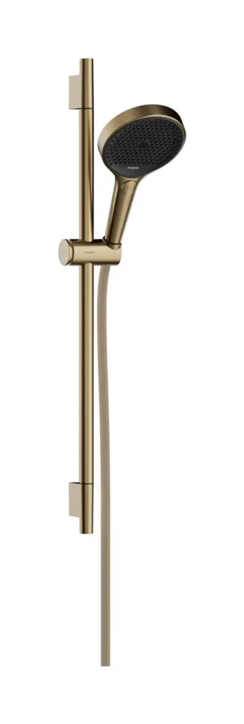 Hansgrohe Brauseset mit Handbrause und Halterung an einer vertikalen Brausestange. Textilbrauseschlauch in Bronze. Nutzung im Badezimmer für Dusche.